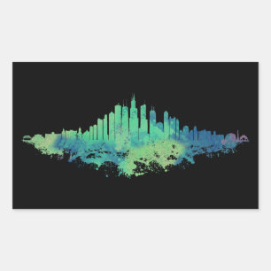 Chicago City Skyline Watercolor in blue and green Rectangular Sticker