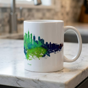 Chicago City Skyline Watercolor in blue and lime Coffee Mug