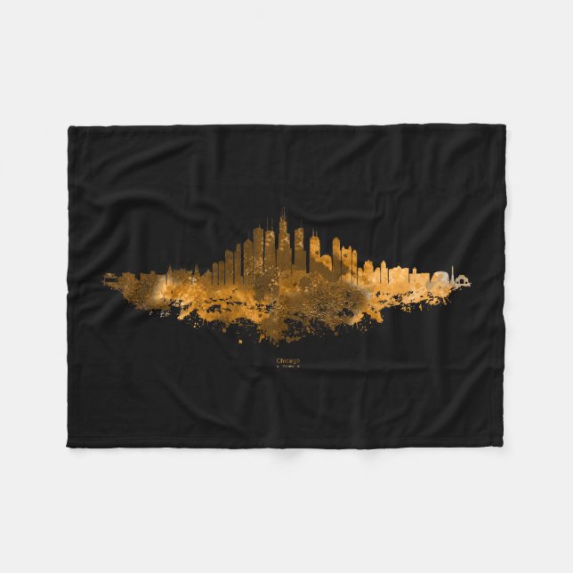 Chicago City Skyline Watercolor in orange Fleece Blanket (Front (Horizontal))