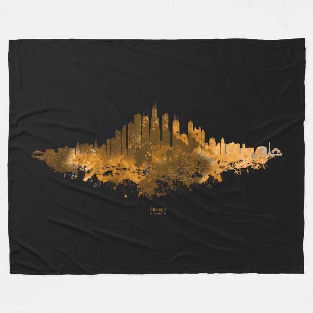 Chicago City Skyline Watercolor in orange Fleece Blanket (Front (Horizontal))