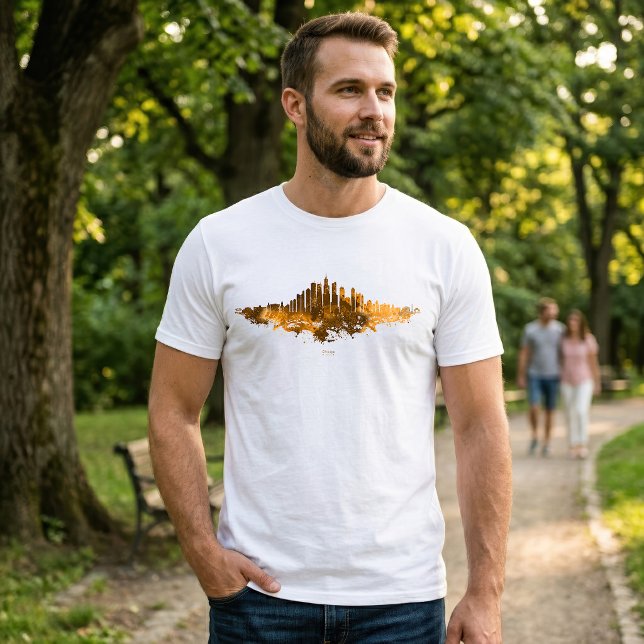 Chicago City Skyline Watercolor in orange T-Shirt (Chicago Skyline Watercolor Orange Cityscape Art. Men Basic White T-Shirt)