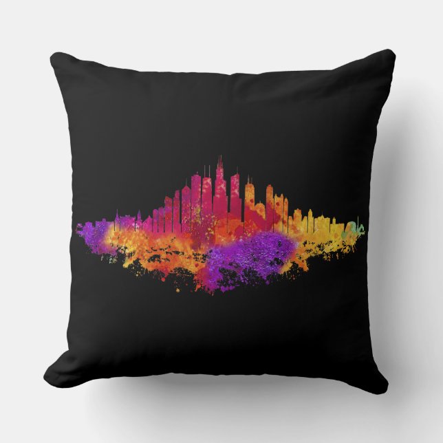 Chicago City Skyline Watercolor on White Cushion (Front)