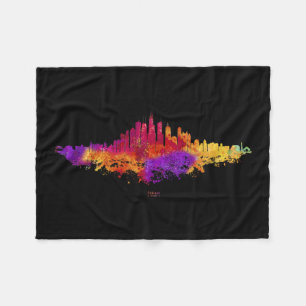 Chicago City Skyline Watercolor on White Fleece Blanket