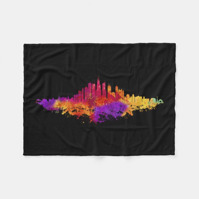 Chicago City Skyline Watercolor on White Fleece Blanket (Front (Horizontal))