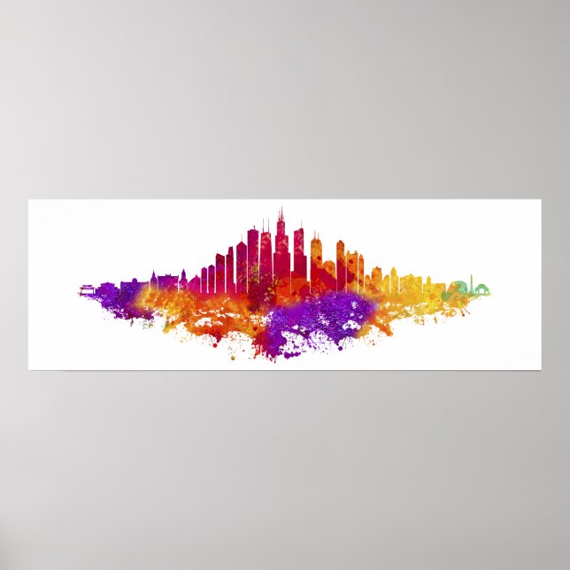 Chicago City Skyline Watercolor on White Poster (Front)