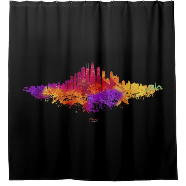 Chicago City Skyline Watercolor on White Shower Curtain (Front)