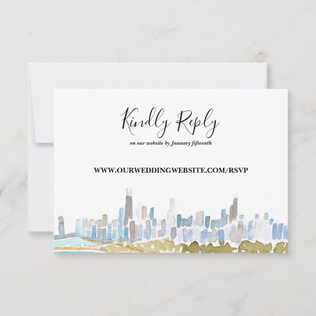 Chicago City Skyline Watercolor Online RSVP Card (Front)