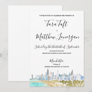 Chicago City Skyline Watercolor Wedding Invitation