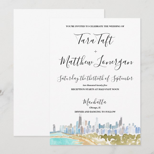 Chicago City Skyline Watercolor Wedding Invitation (Front/Back)
