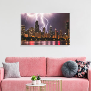 Chicago City Skyscrapers With Lightning Canvas Print