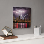 Chicago City Skyscrapers With Lightning Square Wall Clock<br><div class="desc">Chicago city skyline at night with lightning strikes in a thunderstorm</div>