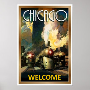 Chicago city, steamtrain, railway vintage travel poster