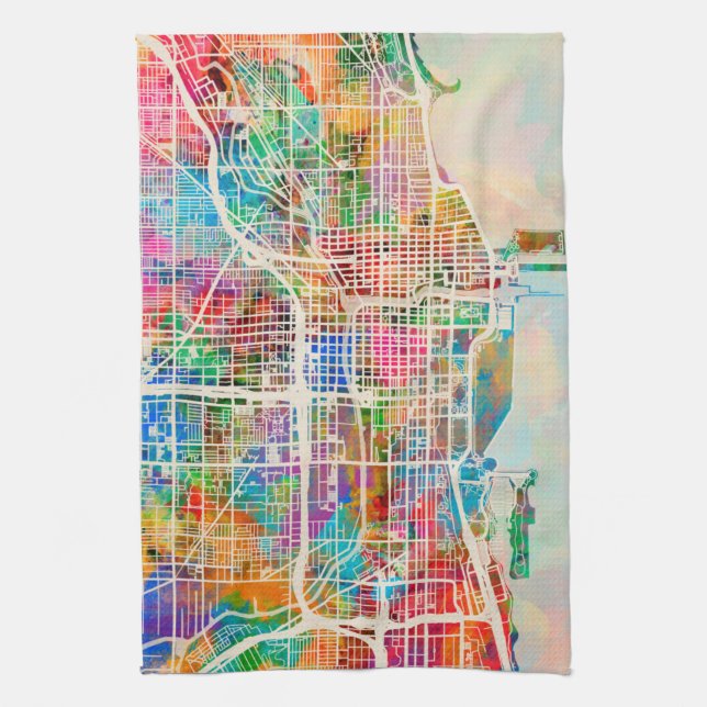 Chicago City Street Map Tea Towel (Vertical)