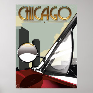 Chicago City vintage auto travel poster