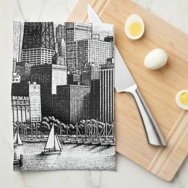 Chicago Cityscape Black White  Tea Towel (Quarter Fold)
