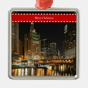 Chicago cityscape, Christmas greetings, Metal Tree Decoration