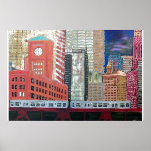 Chicago Cityscape with El Train Poster