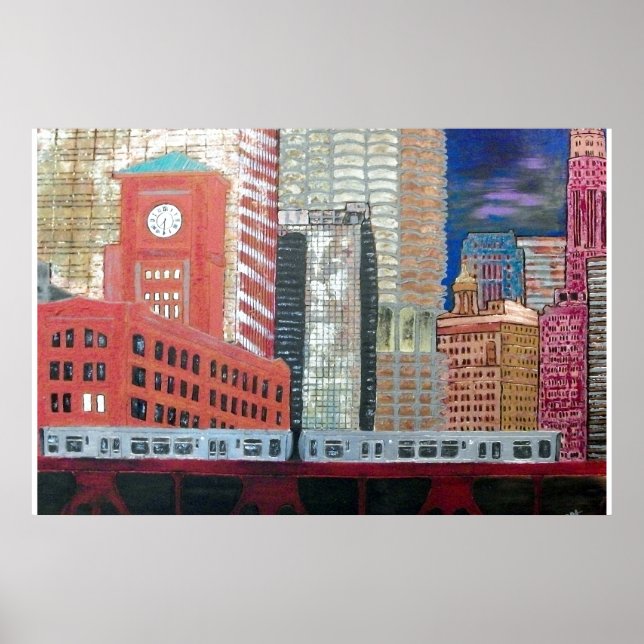 Chicago Cityscape with Elevated Train Poster (Front)
