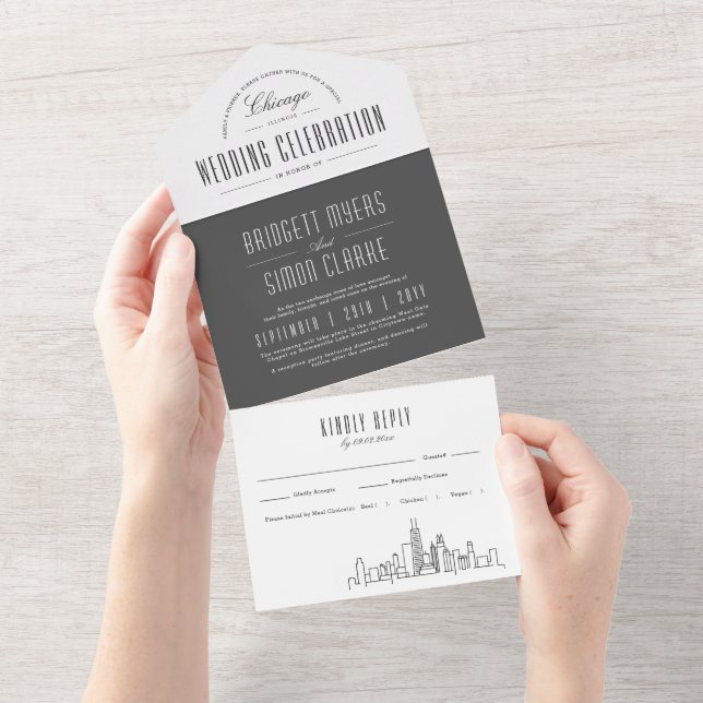 Chicago Deco Skyline | Grey-Style Wedding All In One Invitation (Tearaway)