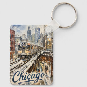 Chicago El Train in the Winter Snow Key Ring