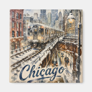 Chicago El Train in the Winter Snow Magnet