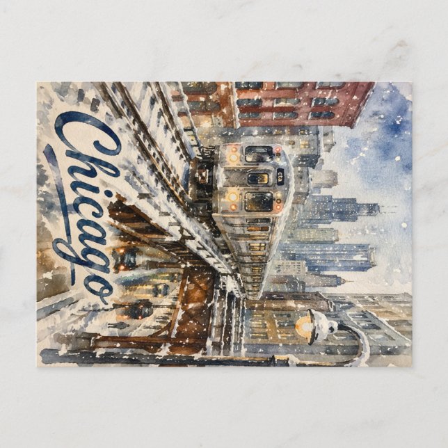 Chicago El Train in the Winter Snow Postcard (Front)