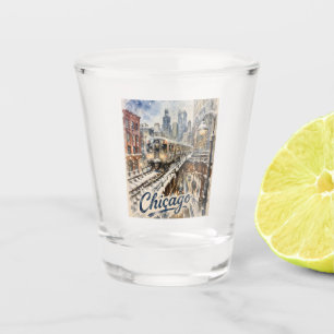 Chicago El Train in the Winter Snow Shot Glass