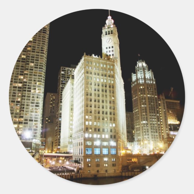 Chicago famous landmark at night classic round sticker (Front)