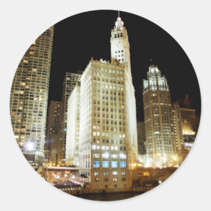 Chicago famous landmark at night classic round sticker