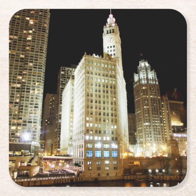 Chicago famous landmark at night square paper coaster (Front)