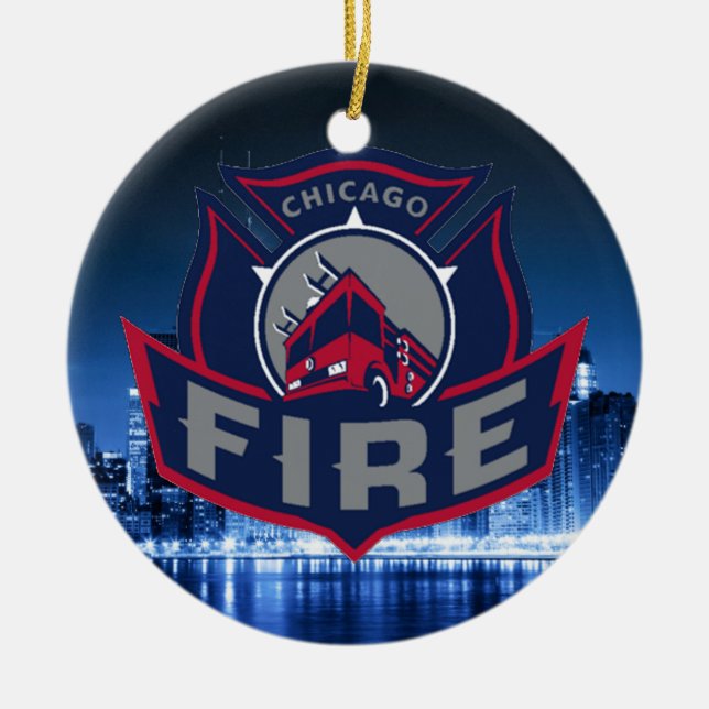 Chicago Fire With Skyline Ceramic Tree Decoration (Front)