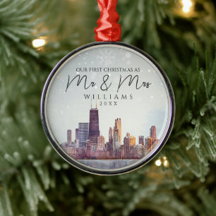 Chicago First Christmas As Mr & Mrs Wedding Metal Tree Decoration