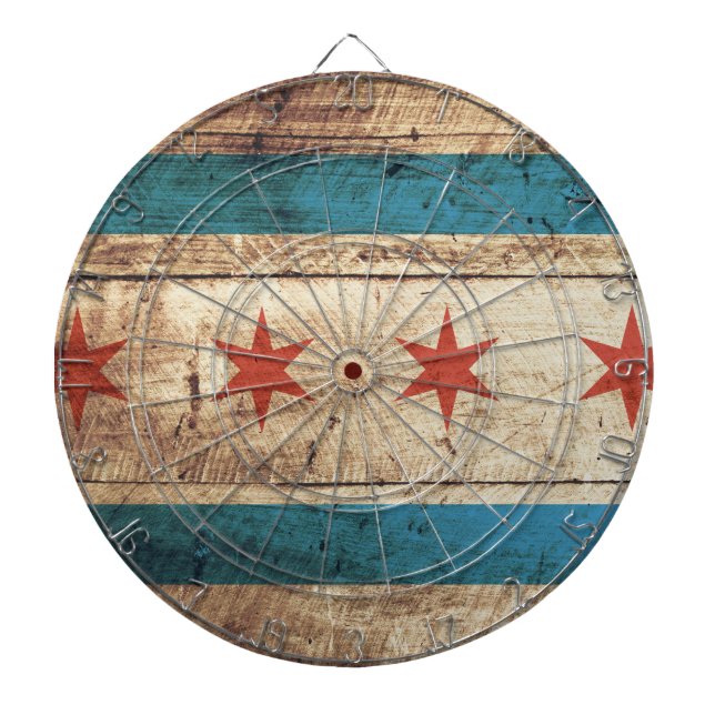 Chicago Flag on Old Wood Grain Dartboard (Front)