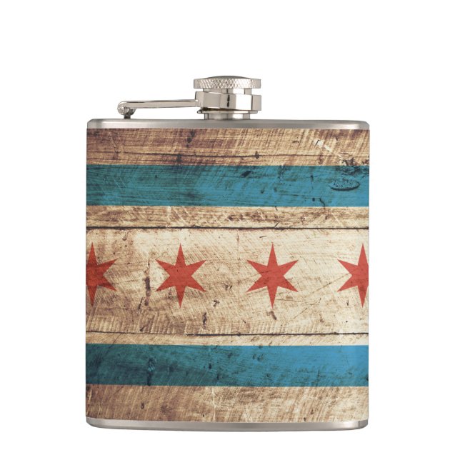 Chicago Flag on Old Wood Grain Hip Flask (Front)