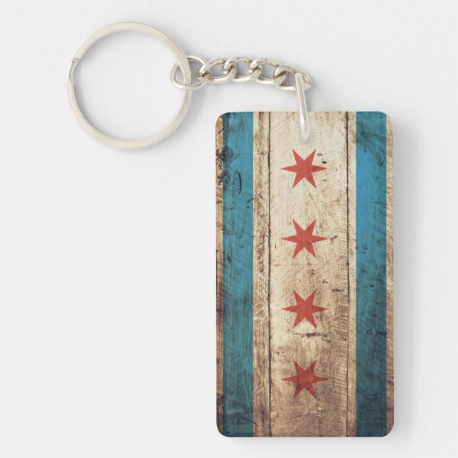 Chicago Flag on Old Wood Grain Key Ring (Front)