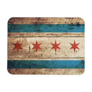 Chicago Flag on Old Wood Grain Magnet