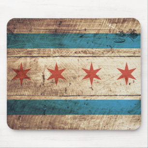Chicago Flag on Old Wood Grain Mouse Mat