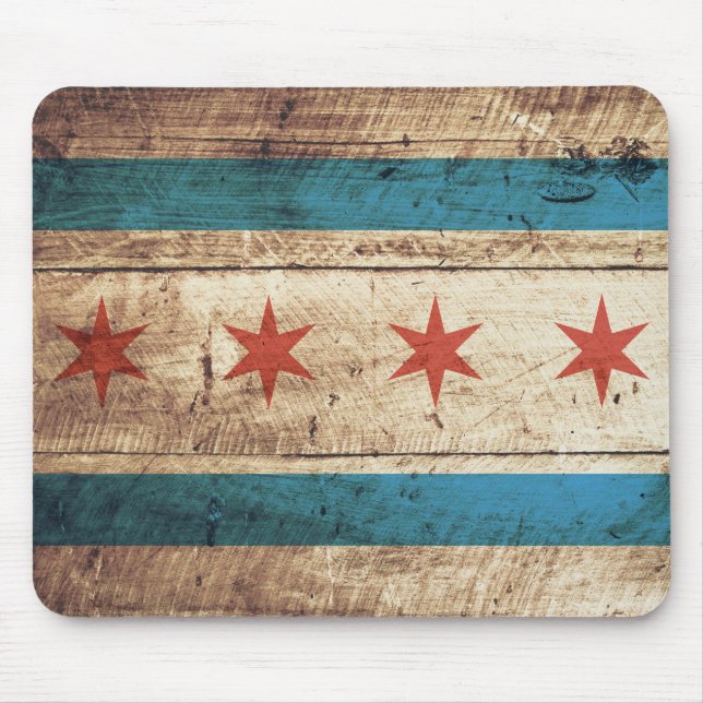 Chicago Flag on Old Wood Grain Mouse Mat (Front)