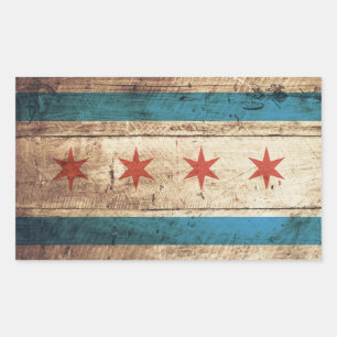Chicago Flag on Old Wood Grain Rectangular Sticker
