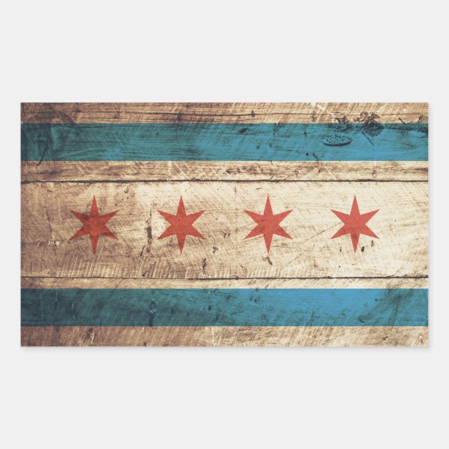 Chicago Flag on Old Wood Grain Rectangular Sticker (Front)