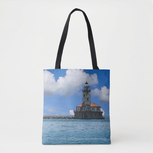 Chicago Harbour Lighthouse Painterly Tote Bag (Front)