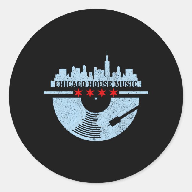 Chicago House Music Vinyl Dj Raver Flag Skyline Classic Round Sticker (Front)
