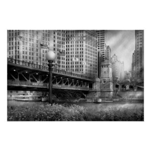 Chicago, IL - DuSable Bridge built in 1920 - BW Poster