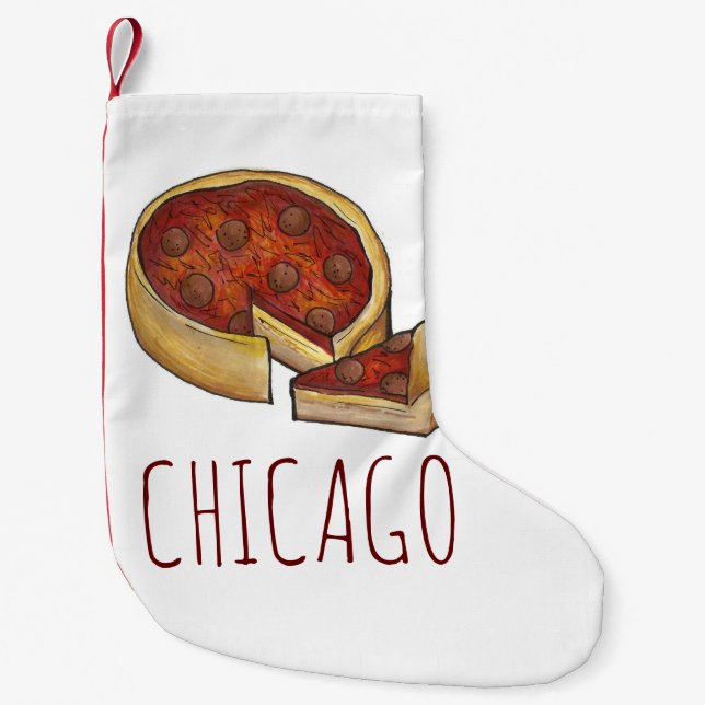 Chicago IL Illinois Deep Dish Pepperoni Pizza Pie Small Christmas Stocking (Front)
