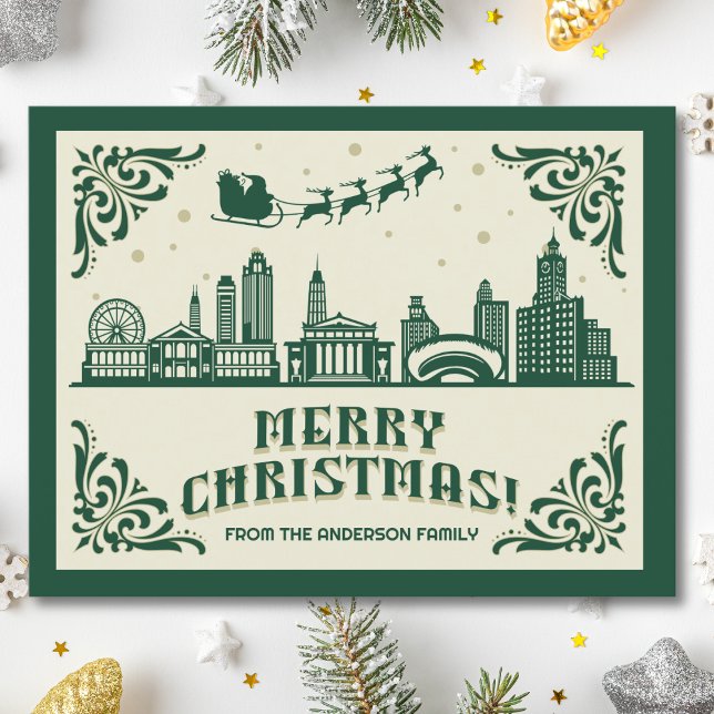 Chicago, IL Skyline Christmas Holiday Postcard (Chicago, IL skyline christmas card green modern merry christmas postcard with custom details)