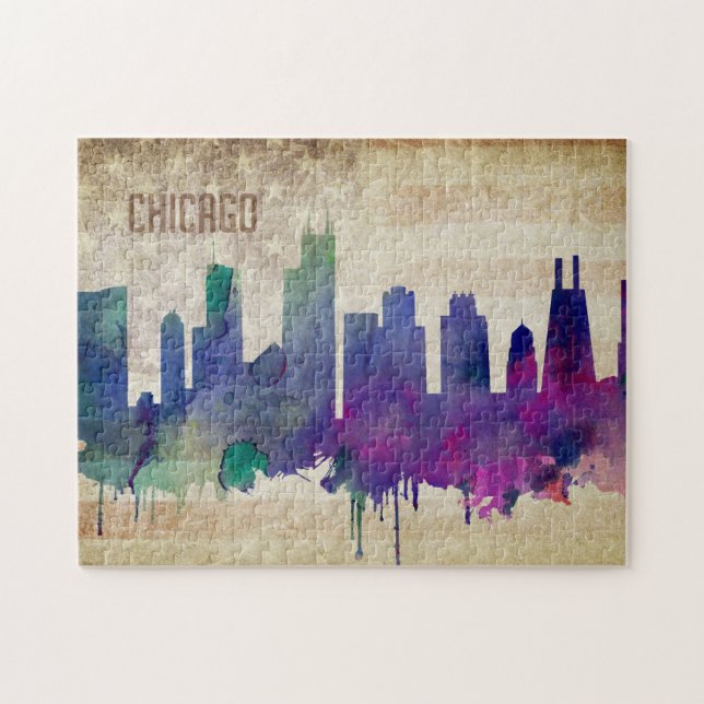 Chicago, IL | Watercolor City Skyline Jigsaw Puzzle (Horizontal)