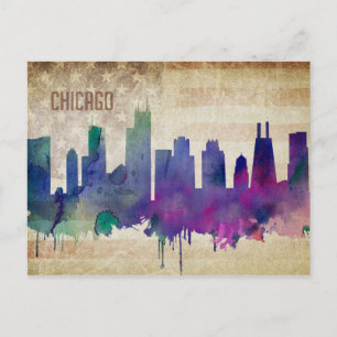 Chicago, IL   Watercolor City Skyline Postcard