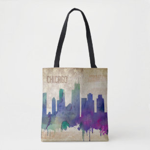 Chicago, IL   Watercolor City Skyline Tote Bag