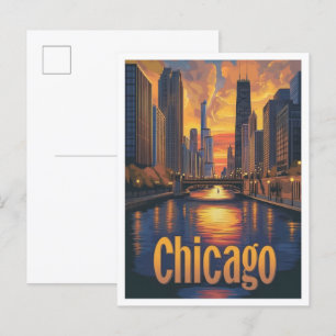 Chicago Illinois Art Vintage Travel Illustration Postcard