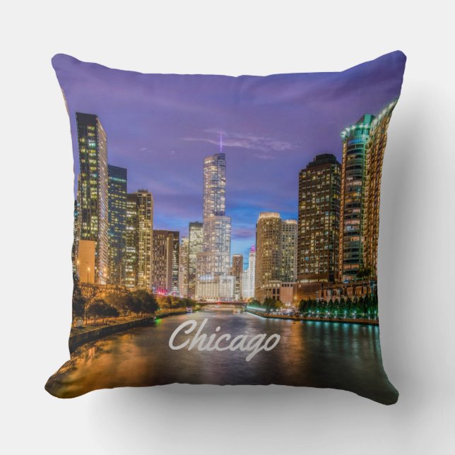 Chicago Illinois City At Night Cushion (Front)